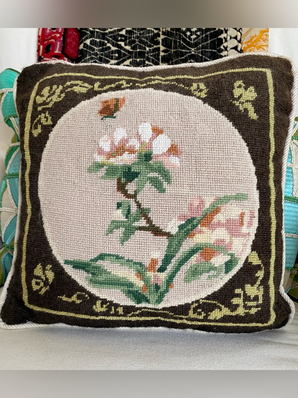 VTG Bucilla Needelpoint Pillow Oriental Blossoms #4277 Pink Floral Butterfly 12”